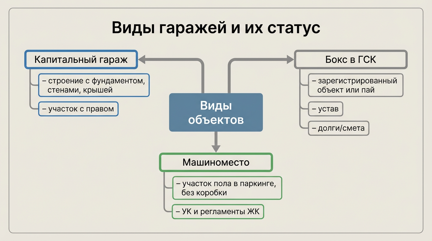 Виды объектов: капитальный гараж, бокс в ГСК, машиноместо
